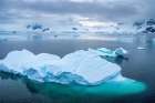 Antarctica. Icebergs and mountains at sunset. Art Print